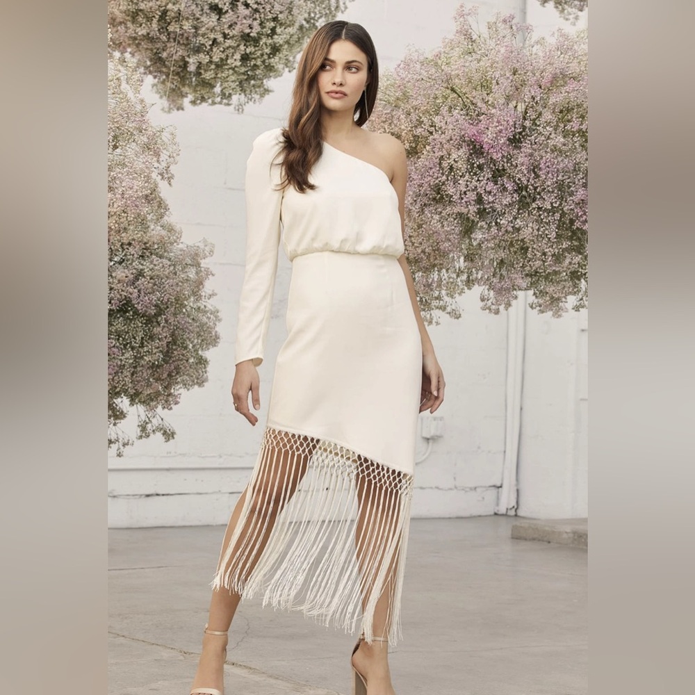 Lulus Love at Dusk Cream One-Shoulder Asymmetrical Fringe Midi Dress